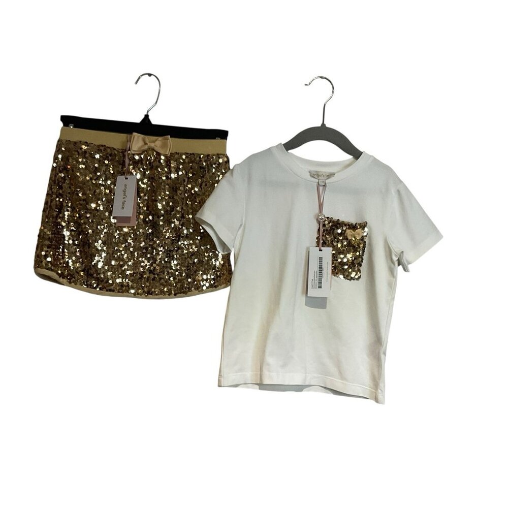 Angels Face new Set Girls Skirt Tshirt White Golden Shiny Sequins Size 5y-6y